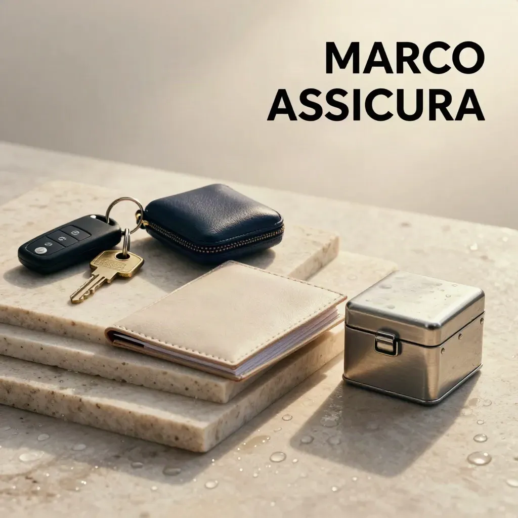 Chiavi e documenti assicurativi su pietra chiara, luce dopo la pioggia.