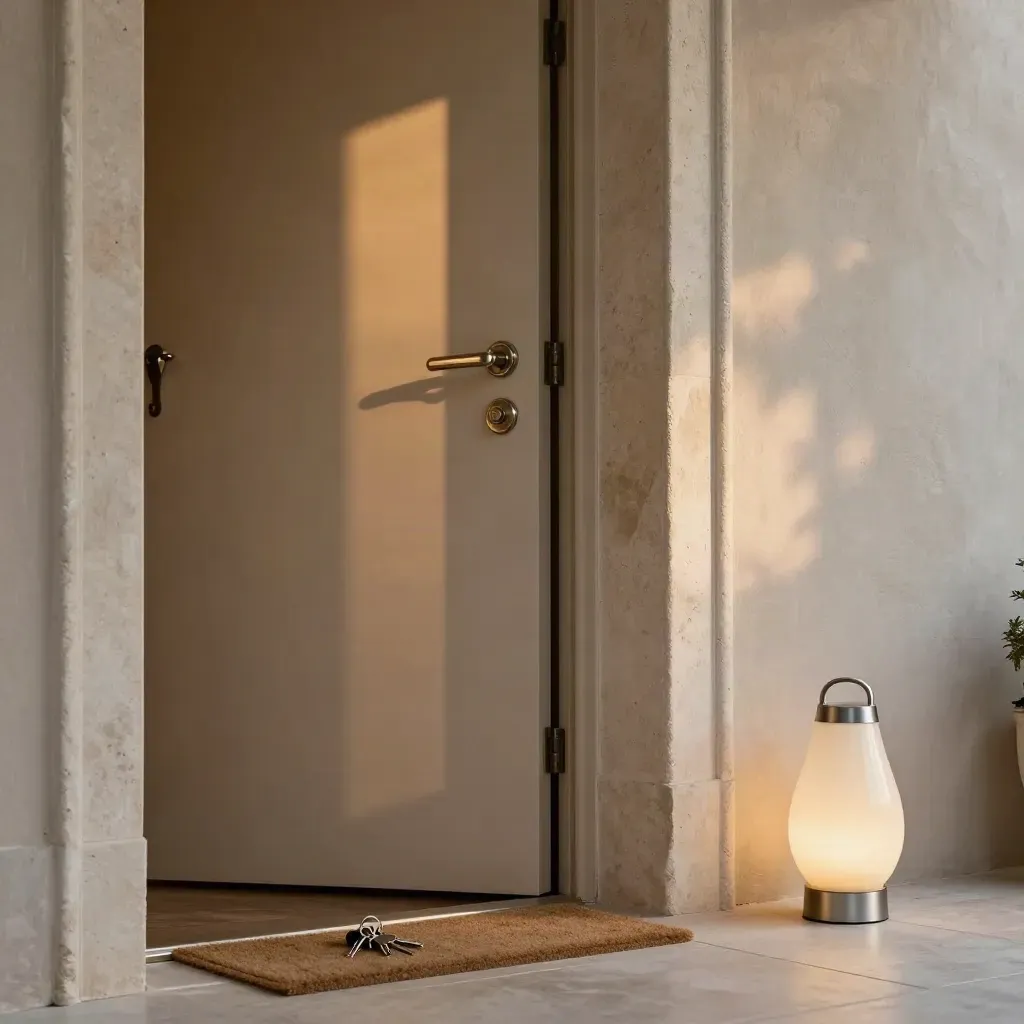 Porta blindata sabbia socchiusa con serratura lucida, chiavi e tappetino arrotolato nel tardo pomeriggio.