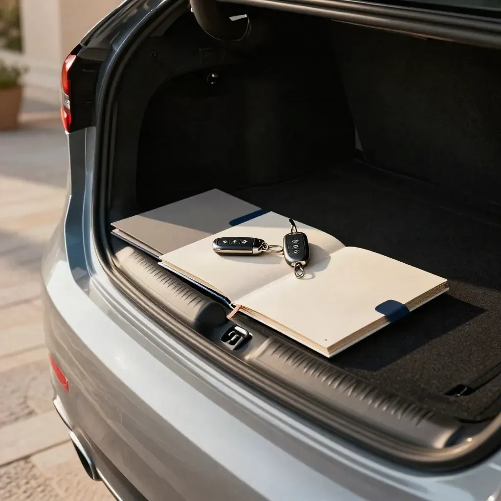 Bagagliaio auto aperto con chiavi e tre cartelline neutre su un cortile luminoso