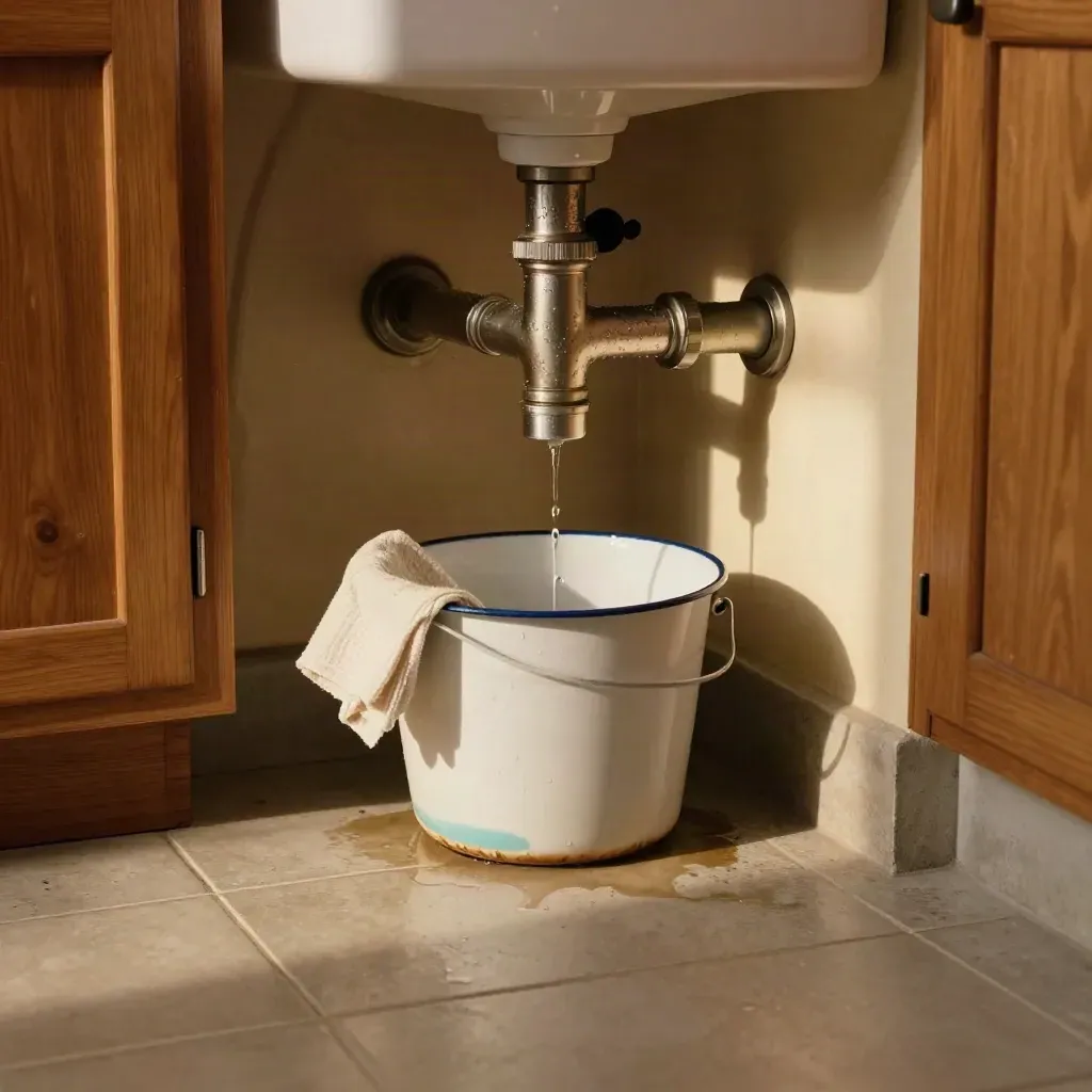 Sottolavello cucina con secchio smaltato e piccola perdita d’acqua in luce cinematografica.