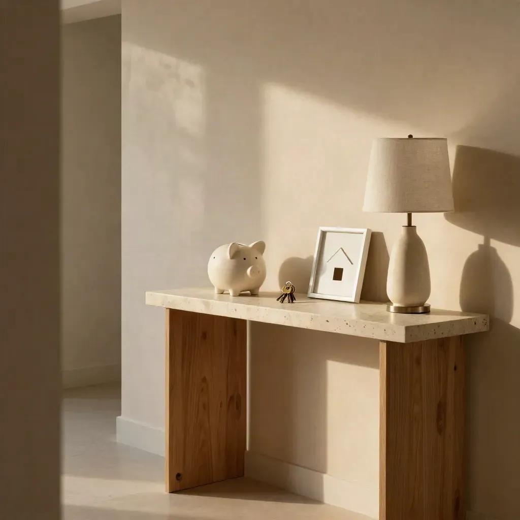 Consolle d’ingresso con chiavi, salvadanaio e cornice casa, luce mattutina morbida.