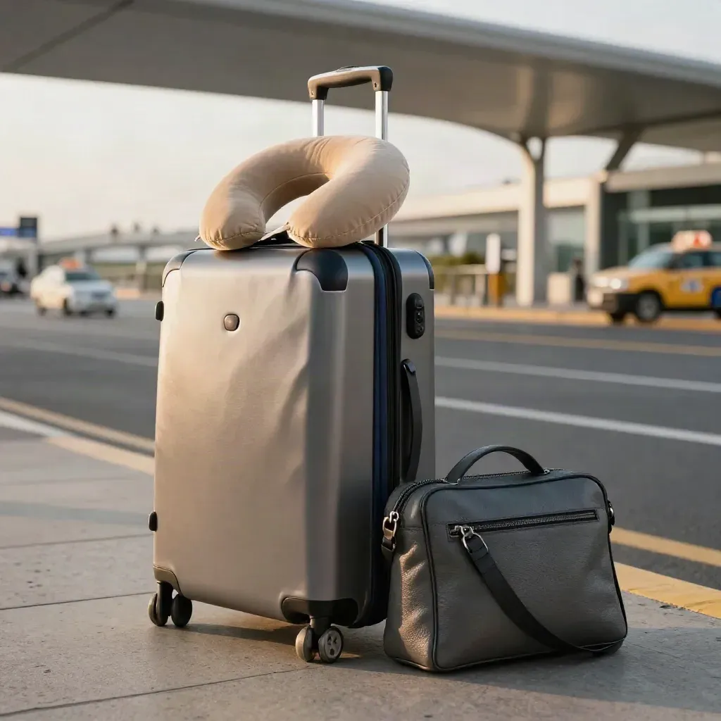 Trolley da viaggio, cuscino da collo e borsa pronta sul marciapiede all’aeroporto