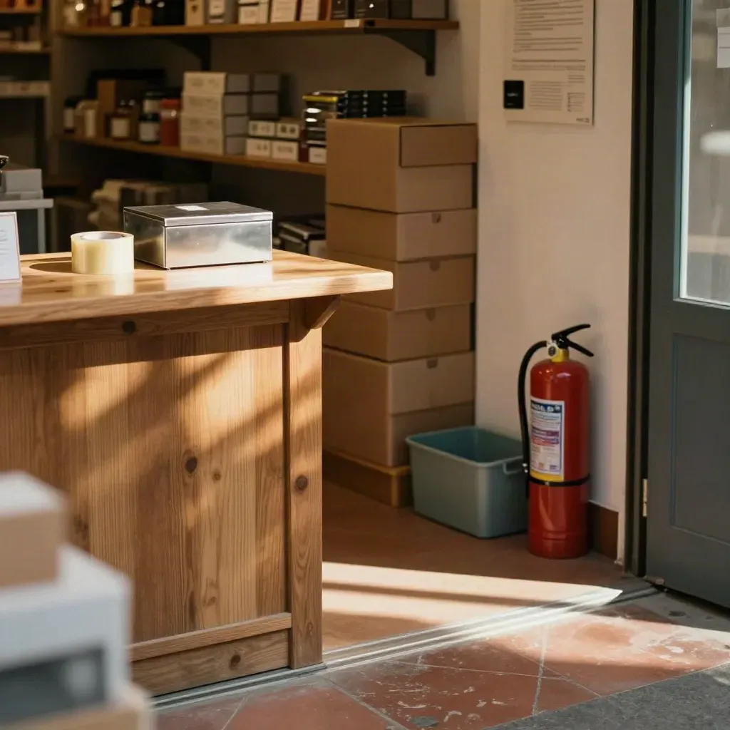 Banco di piccola bottega con scatole, nastro e estintore, luce mattutina calda.
