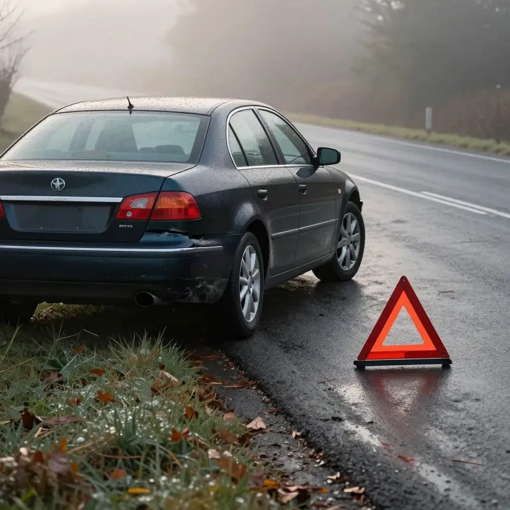 Berlina incidentata sul bordo strada con triangolo d'emergenza e asfalto bagnato nella bruma.