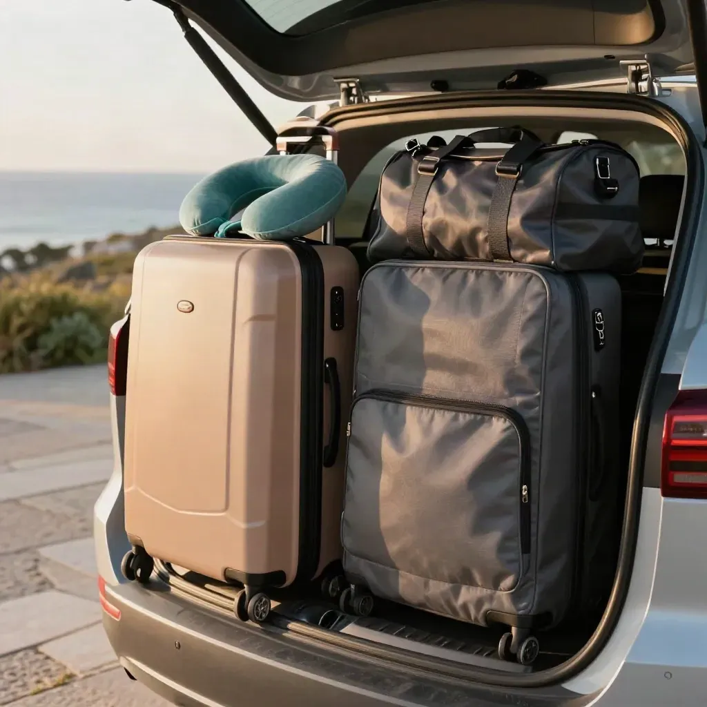 Bagagli ordinati nel bagagliaio aperto dell’auto, pronti per una partenza in famiglia.