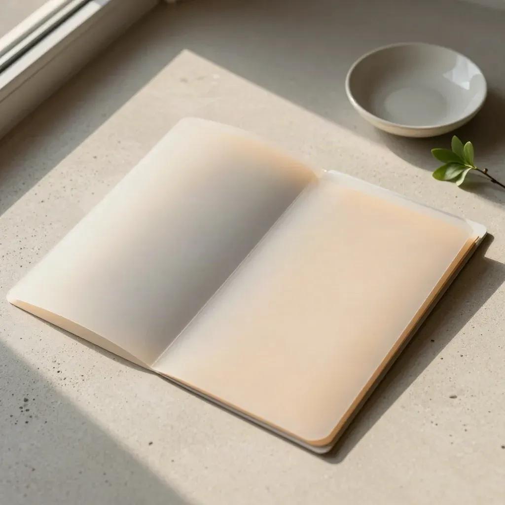 Cartellina preventivo traslucida con divisori, piattino in ceramica e rametto verde su fondo chiaro