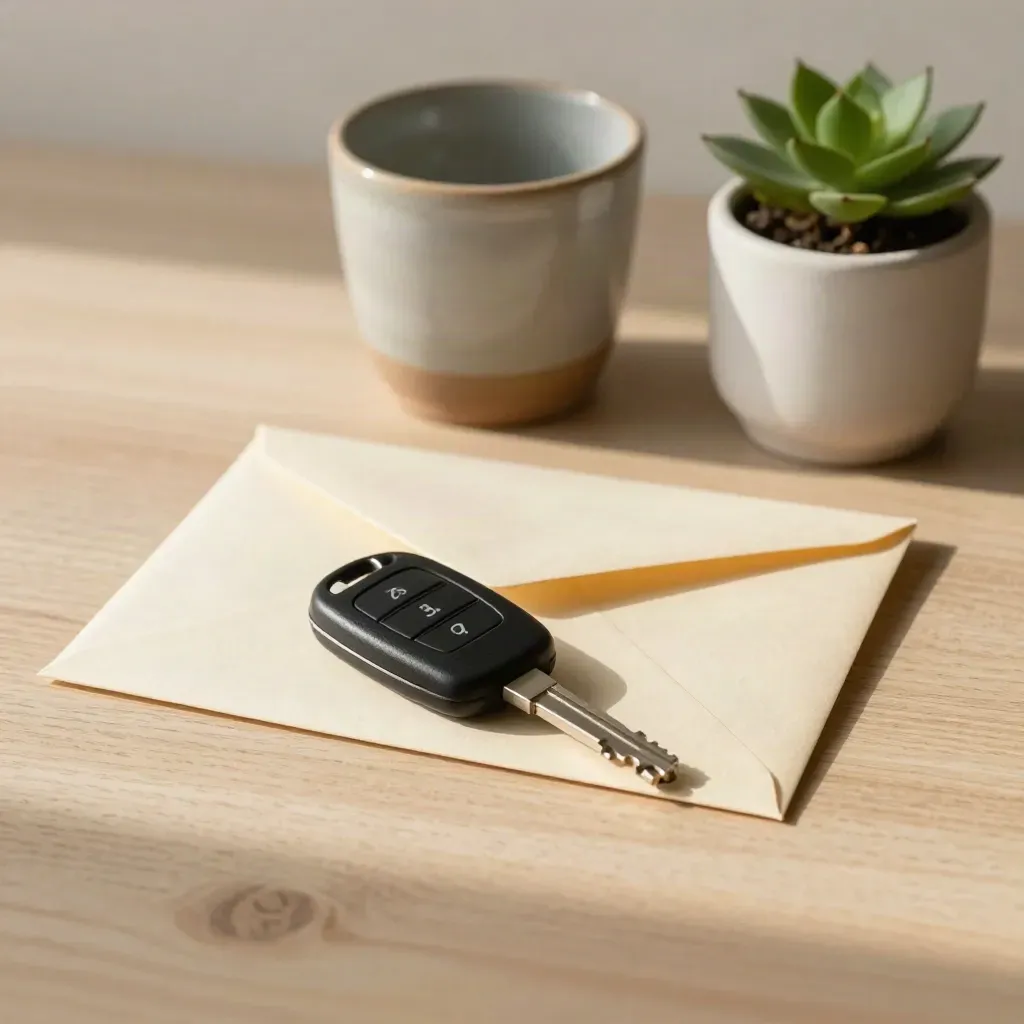 Chiave auto nera, busta di rinnovo, tazza e piantina su legno chiaro, luce morbida.